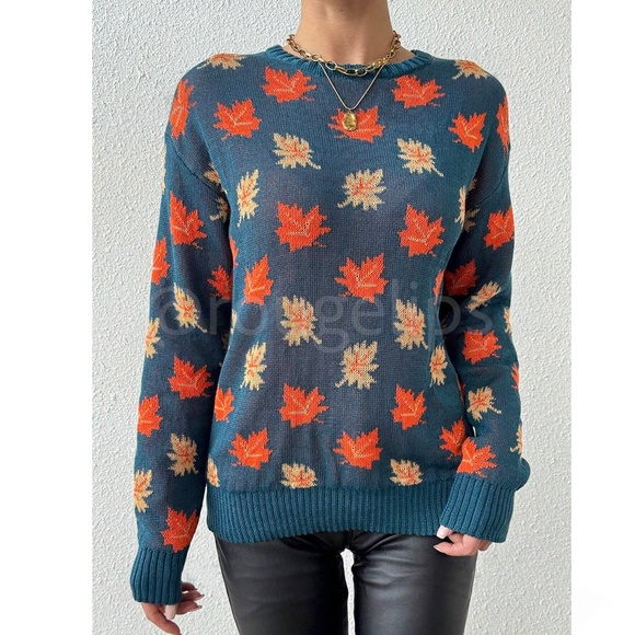 Leaf Print Knit Sweater Pullover for Fall Autumn Dark Teal/Green - Picture 4 of 6